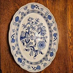 Blue Meissen England Onion Pattern Oval‎ Serving Platter Scalloped Edge Ceramic